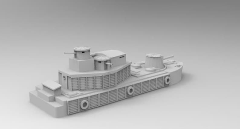 May include: A white model of a heavily armored river gunboat with multiple gun turrets. The model is made of plastic and has a detailed design.