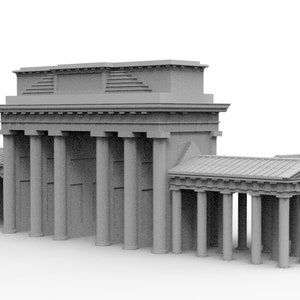 May include: A gray model of a large, ornate archway with columns and a decorative top. The archway is made of a smooth, gray material and has a simple, elegant design.
