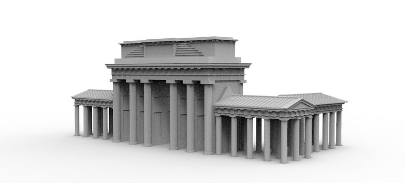 May include: A gray model of a large, ornate archway with columns and a decorative top. The archway is made of a smooth, gray material and has a simple, elegant design.