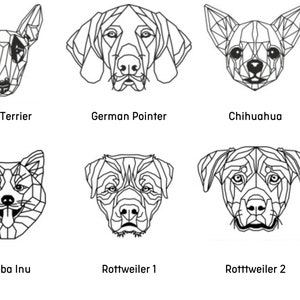 May include: Black and white line art illustrations of ten different dog breeds. The breeds are French Bulldog, Bull Terrier, German Pointer, Chihuahua, English Bulldog, Shar Pei, Shiba Inu, Rottweiler, Rottweiler, and Pug.