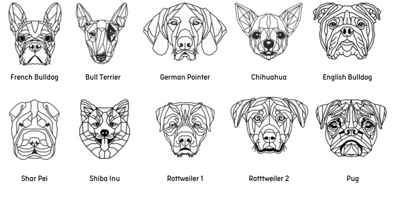 May include: Black and white line art illustrations of ten different dog breeds. The breeds are French Bulldog, Bull Terrier, German Pointer, Chihuahua, English Bulldog, Shar Pei, Shiba Inu, Rottweiler, Rottweiler, and Pug.