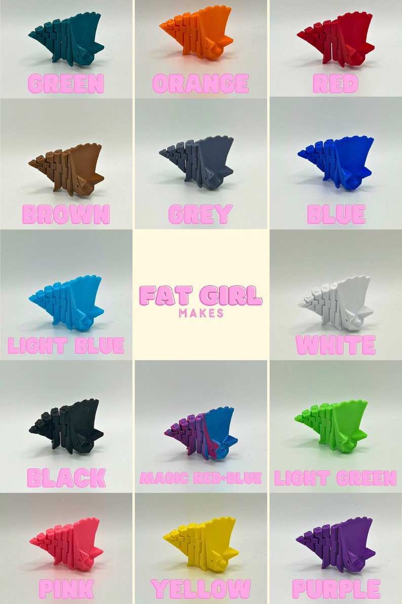 May include: A collection of 12 small, colorful, 3D printed dinosaur toys in various colors, including green, orange, red, brown, grey, blue, light blue, white, black, magic red-blue, light green, pink, yellow, and purple. The toys are arranged in a grid pattern on a white background. The text "FAT GIRL MAKES" is printed in the center of the grid.