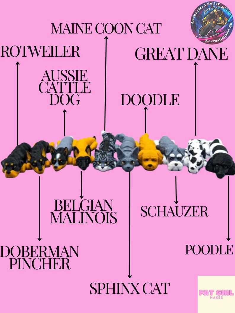 May include: A chart with the names of different dog and cat breeds, with a small figurine of each breed below the name. The breeds are: Maine Coon Cat, Rottweiler, Aussie Cattle Dog, Great Dane, Doodle, Belgian Malinois, Doberman Pincher, Schnauzer, Sphinx Cat, and Poodle.