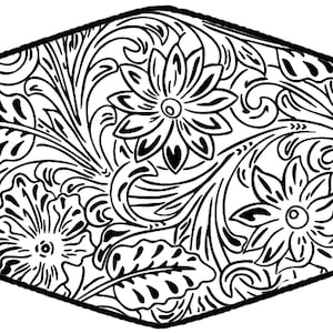 Könnte beinhalten: Schwarz-weißes Blumenmuster mit filigranen Details. Das Design zeigt stilisierte Blumen und Blätter und erzeugt ein dekoratives und elegantes Motiv.