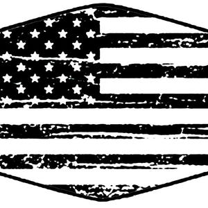 Może przedstawiać: Wzór amerykańskiej flagi w stylu vintage w kolorze czarnym i białym. Flaga ma kształt sześciokąta.