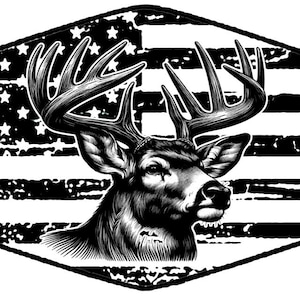 May include: Black and white illustration of a deer's head with large antlers, set against a distressed American flag background.