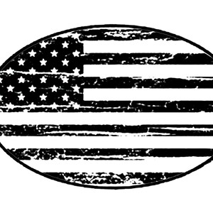 May include: A distressed black and white oval sticker with a design of the American flag.