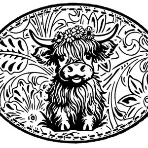 May include: Black and white line art illustration of a Highland cow with a floral crown, set against a background of stylised floral designs.