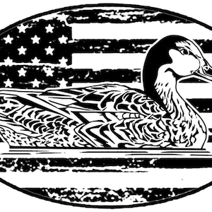 May include: Black and white illustration of a duck swimming in front of an American flag. The duck is facing right and has a detailed design.