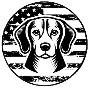 Op de afbeelding: Zwart-witte illustratie van een Beagle-kop met een verweerde Amerikaanse vlag op de achtergrond.