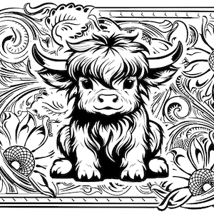 May include: Black and white line art illustration of a Highland cow with a curly mane and horns, set against a background of ornate floral designs.