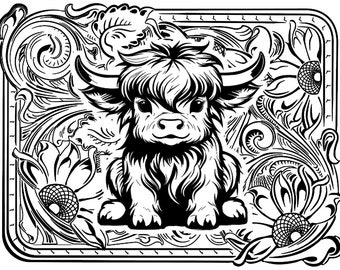 Tooled LeatherWith Baby Highland Cow Hatch Patch Digital File