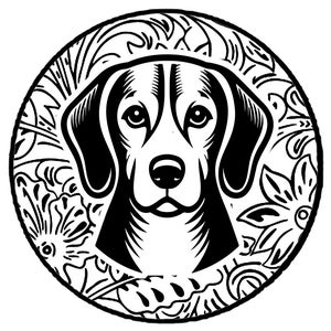Op de afbeelding: Zwart-witte illustratie van een Beagle-hoofd met een achtergrond met een bloemenpatroon.