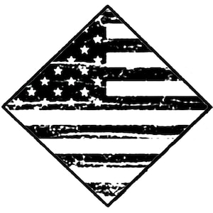 May include: A black and white diamond-shaped graphic with a stylized American flag design.