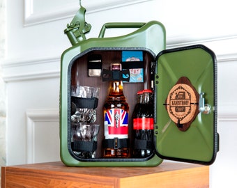 Spirits Mixers Glasses Bottles GREEN ASOC Metal Jerry Can Drinks Cabinet Mini Bar