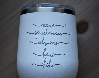 Mama & Children's Names on Stemless Insulated Wine Glass with lid PERSONALIZED with 2-sided Engraving