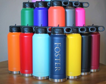 30 Oz Double Wall Insulated Water Bottle, Custom Engraved with Name, Flip Top Lid with Straw