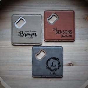 Set of 4 Coaster Bottle Opener Personalized,  Laser Engraved Square Coasters,  Wedding Gift, Leather Engraved Coaster Bottle Opener