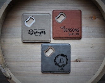 Personalized Leatherette Coaster Bottle Opener Set, Engraved Wedding Gift