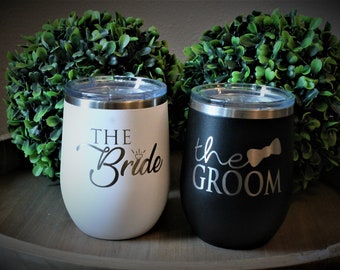 Bride & Groom Engraved Stemless Insulated Wine Glass SET with lids