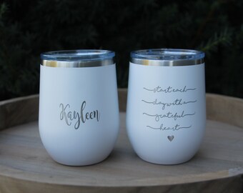 Stemless Insulated Wine Glass with lid PERSONALIZED with 2-sided Engraving of your choice