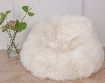 White Elegant & Luxurious Real Sheepskin Pouf / Pouffe / Beanbag. Scandinavian Style Ottoman. Natural genuine Sheepskin, Nordic Style pouf!