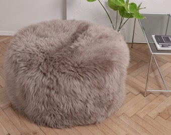Greige Sheepskin Pouf Ottoman, Scandinavian Style, Genuine Sheepskin