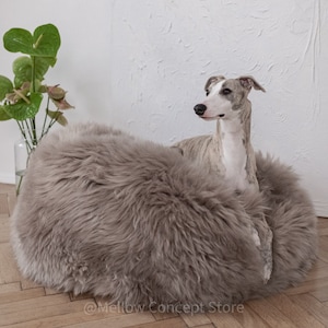 Grey/Beige Oval Luxurious Natural Sheepskin Pet bed! Sheepskin dog bed, cat bed, minimalistic! Pet furniture, pet couch! Choose your size