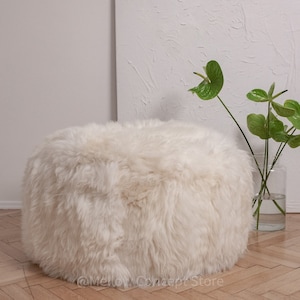 White Elegant & Luxurious Real Sheepskin Pouf / Pouffe / Ottoman. Scandinavian Style Ottoman. Natural genuine Sheepskin, Nordic Style pouf!