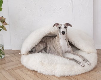 White Luxurious Natural Sheepskin Pet Cave! Sheepskin dog bed, cat bed! Cat cave, pet furniture, pet couch! Choose your size