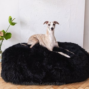 Black Oval Luxurious Natural Sheepskin Pet bed! Sheepskin dog bed, cat bed, minimalistic! Pet furniture, pet couch! Choose your size