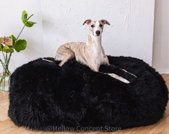 Black Oval Luxurious Natural Sheepskin Pet bed! Sheepskin dog bed, cat bed, minimalistic! Pet furniture, pet couch! Choose your size