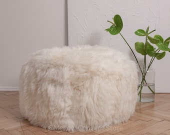 White Sheepskin Pouf Ottoman, Scandinavian Style, Genuine Wool