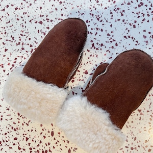 オーダーメイド！ユニセックスブラウン本革シープスキン製ユニセックス大人用ミトン！手のサイズを測ってください。シープスキン手袋