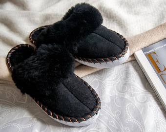 Black Shearling Sheepskin Mules. Unisex. Minimalist, nordic style slippers