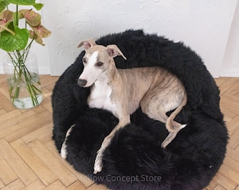 Black Sheepskin Pet Cave Bed, Natural Wool, Cat or Dog