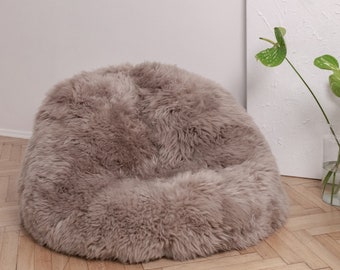 Sheepskin Pouf, Scandinavian Ottoman Beanbag, Genuine Leather Base Greige