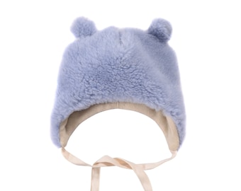 Blue Bear Baby Hat with Double Layer Warmth: Angora & Virgin Wool, Exceptionally Warm and Breathable, Baby Shower Gift, Essential! Merino.