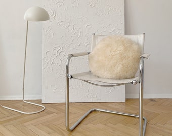 White Round Beautiful Natural Sheepskin Pillow - Nordic design, boho style! Genuine sheepskin, fluffy cushion - Customizable!