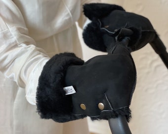 Black Natural Sheepskin Stroller Hand Muffs. Fit any buggy / stroller. Sheepskin Mittens, pram accessories, hand warmer, stroller gloves