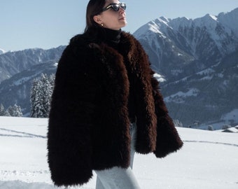 Manteau en peau de mouton marron, veste d'hiver doublée de soie et de coton, luxe