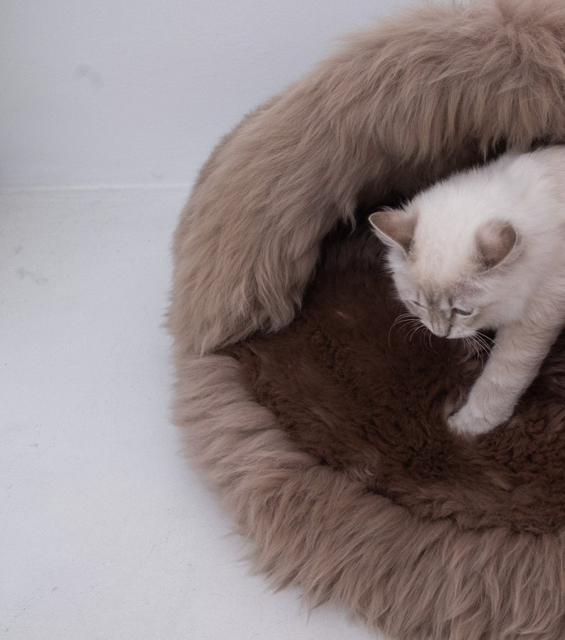 Beige / Grey Greige Luxurious Natural Sheepskin Pet Cave Sheepskin dog bed, cat bed Cat cave, pet furniture, pet couch Choose your size image 1