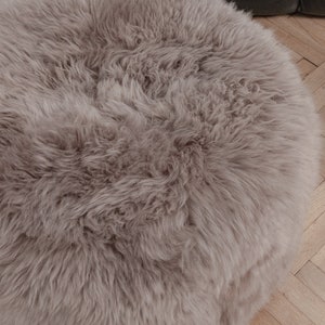 Greige Elegant & Luxurious Real Sheepskin Pouf / Pouffe / Ottoman. Scandinavian Style Ottoman. Natural genuine Sheepskin, Nordic Style pouf image 5