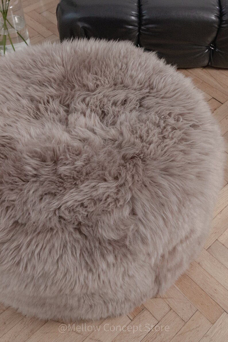 Greige Elegant & Luxurious Real Sheepskin Pouf / Pouffe / Ottoman. Scandinavian Style Ottoman. Natural genuine Sheepskin, Nordic Style pouf image 5