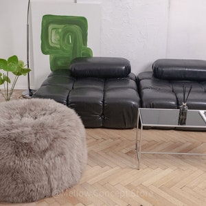 Greige Elegant & Luxurious Real Sheepskin Pouf / Pouffe / Ottoman. Scandinavian Style Ottoman. Natural genuine Sheepskin, Nordic Style pouf image 6