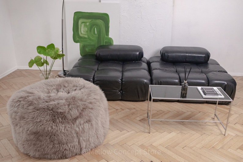 Greige Elegant & Luxurious Real Sheepskin Pouf / Pouffe / Ottoman. Scandinavian Style Ottoman. Natural genuine Sheepskin, Nordic Style pouf image 6