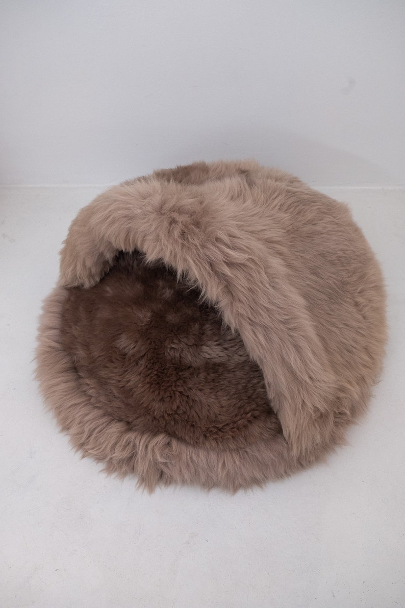 Beige / Grey Greige Luxurious Natural Sheepskin Pet Cave Sheepskin dog bed, cat bed Cat cave, pet furniture, pet couch Choose your size image 4