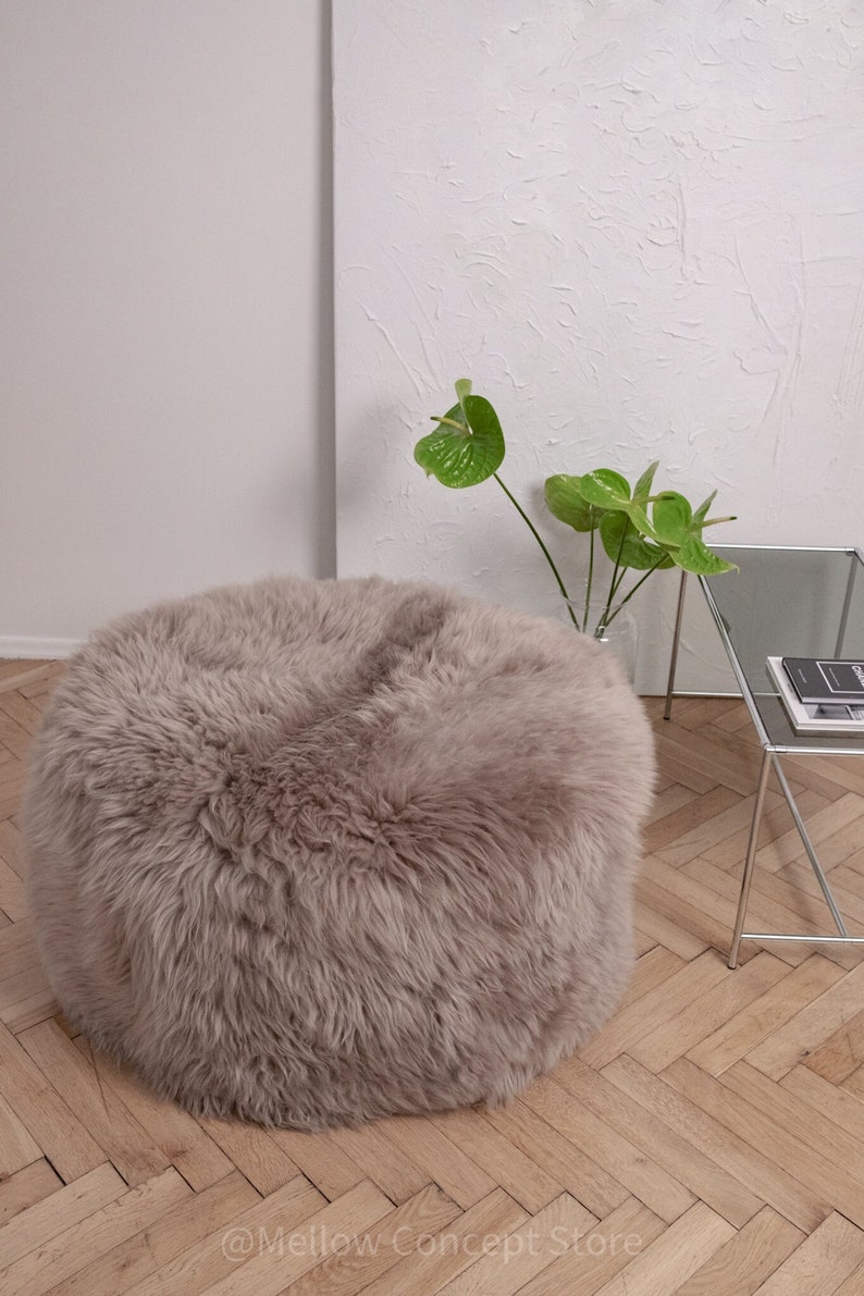 Greige Elegant & Luxurious Real Sheepskin Pouf / Pouffe / Ottoman. Scandinavian Style Ottoman. Natural genuine Sheepskin, Nordic Style pouf image 1