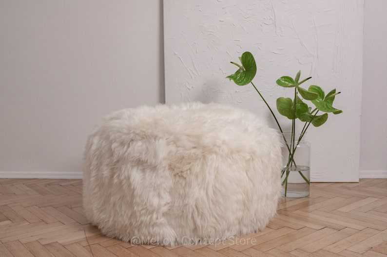 White Elegant & Luxurious Real Sheepskin Pouf / Pouffe / Ottoman. Scandinavian Style Ottoman. Natural genuine Sheepskin, Nordic Style pouf image 1