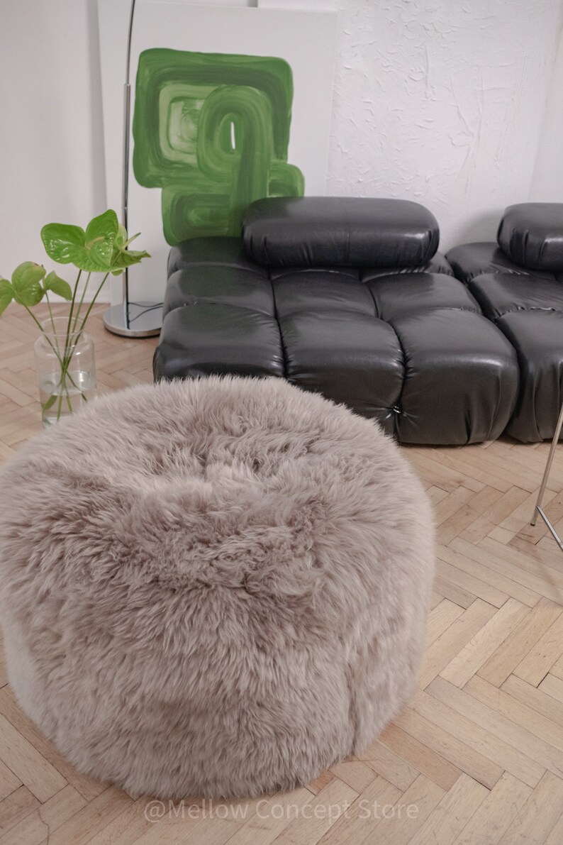 Greige Elegant & Luxurious Real Sheepskin Pouf / Pouffe / Ottoman. Scandinavian Style Ottoman. Natural genuine Sheepskin, Nordic Style pouf image 3